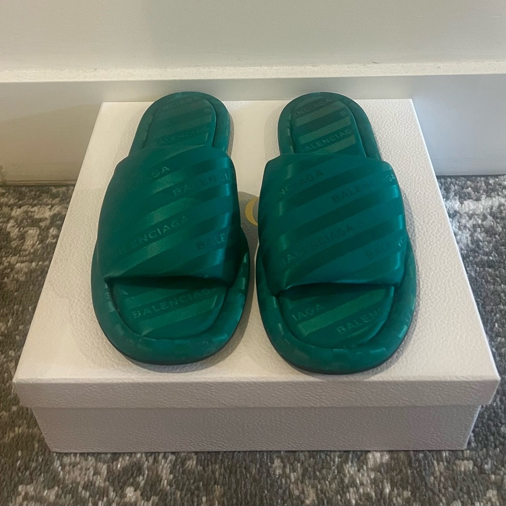Balenciaga Green Satin Logo Slipper Sandals